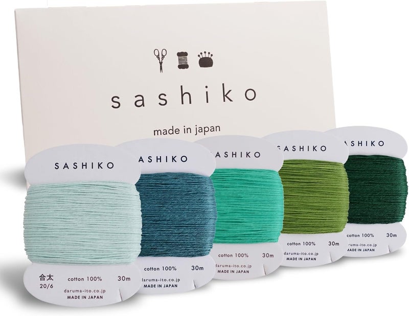 Daruma Sashiko Thread 100% Cotton Card Type (32.8 yd) x 5 Colors with English Manual, Sewing & Embroidery Value Set with Gift Package(Thick, Komorebi) - Image 1